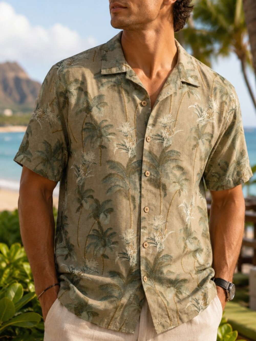 Caribbean Joe Washable Silk Hawaiian Camp Shirt Palm Print XL